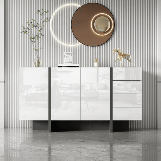 Aparador de mdf e painel de partículas com 2 portas e 4 gavetas,branco+preto