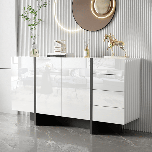 Aparador de mdf e painel de partículas com 2 portas e 4 gavetas,branco+preto