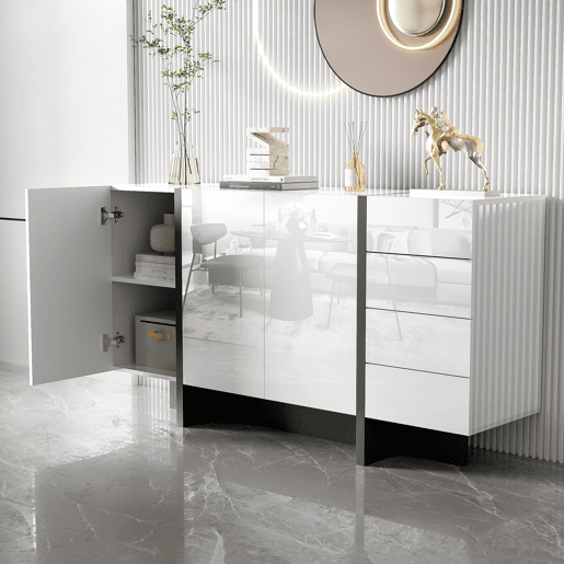Aparador de mdf e painel de partículas com 2 portas e 4 gavetas,branco+preto