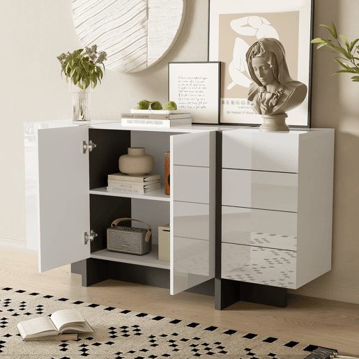 Aparador de mdf e painel de partículas com 2 portas e 4 gavetas,branco+preto