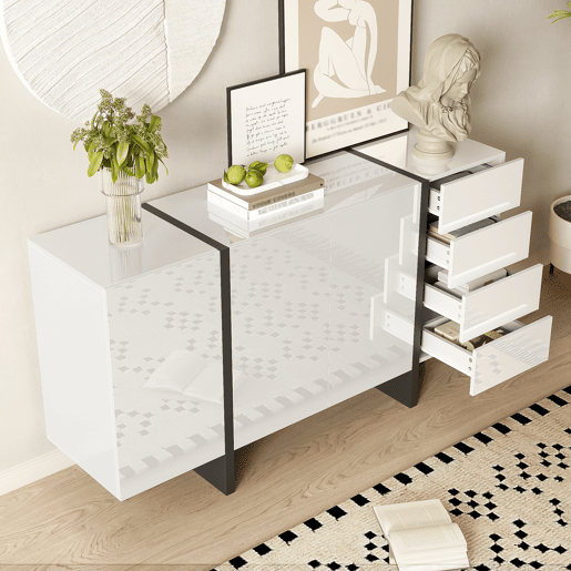 Aparador de mdf e painel de partículas com 2 portas e 4 gavetas,branco+preto