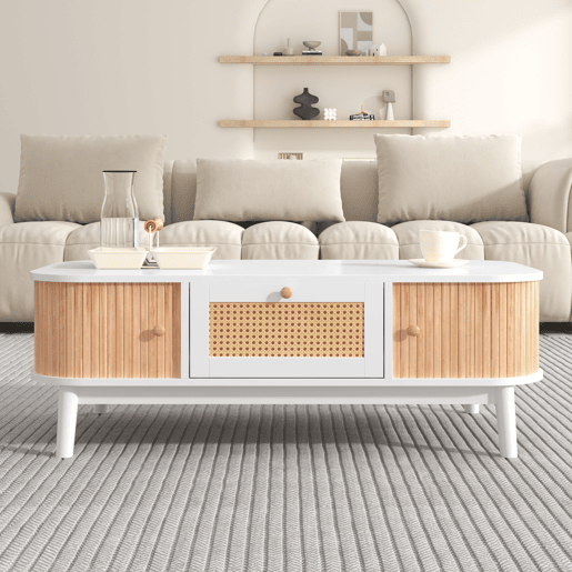 Mesa de centro retangular de mdf com 2 portas correderas e 1 gaveta,branco Mesa de centro retangular de mdf com 2 portas correderas e 1 gaveta,branco
