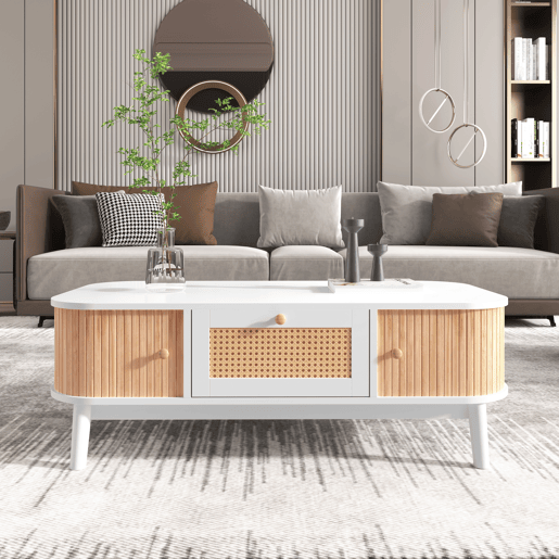 Mesa de centro retangular de mdf com 2 portas correderas e 1 gaveta,branco Mesa de centro retangular de mdf com 2 portas correderas e 1 gaveta,branco