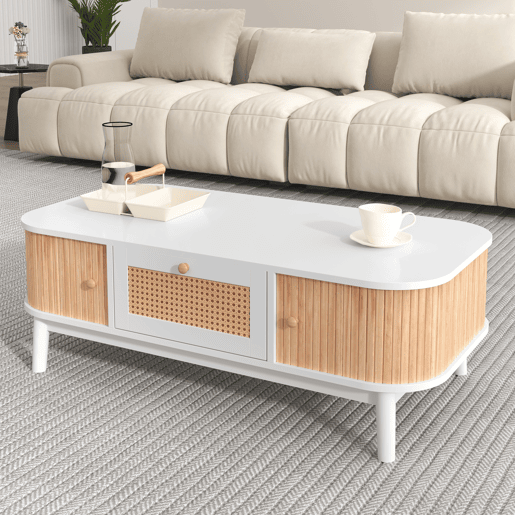 Mesa de centro retangular de mdf com 2 portas correderas e 1 gaveta,branco Mesa de centro retangular de mdf com 2 portas correderas e 1 gaveta,branco