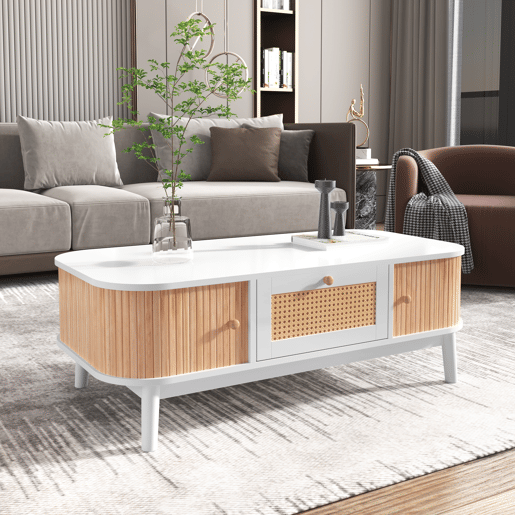 Mesa de centro retangular de mdf com 2 portas correderas e 1 gaveta,branco Mesa de centro retangular de mdf com 2 portas correderas e 1 gaveta,branco