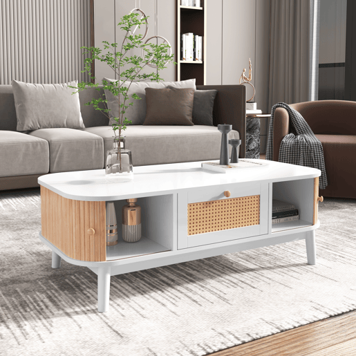 Mesa de centro retangular de mdf com 2 portas correderas e 1 gaveta,branco Mesa de centro retangular de mdf com 2 portas correderas e 1 gaveta,branco