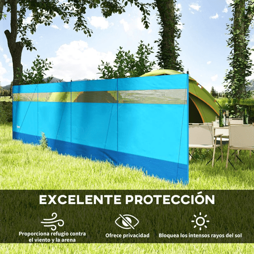 Outsunny Corta Vento para Campismo de 4 Painéis 725x140 cm Para Vento para Praia com Painel Superior Transparente Postes de Aço Estacas e Bolsa de Transporte Impermeável para Jardim e Praia Azul