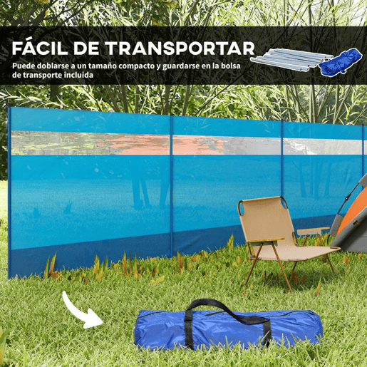 Outsunny Corta Vento para Campismo de 4 Painéis 725x140 cm Para Vento para Praia com Painel Superior Transparente Postes de Aço Estacas e Bolsa de Transporte Impermeável para Jardim e Praia Azul