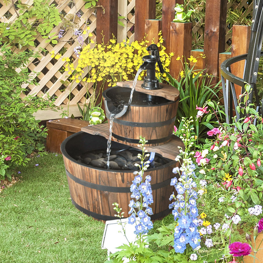 Outsunny Fonte de Água em Madeira Fonte de Jardim em Cascata de 2 Níveis com Bomba Elétrica e Saída de Água Ajustável para Decoração de Pátio ou Terraço Ø44,5x58,5 cm Madeira