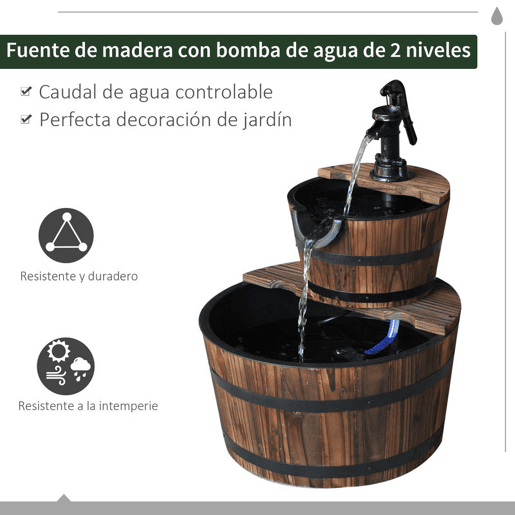 Outsunny Fonte de Água em Madeira Fonte de Jardim em Cascata de 2 Níveis com Bomba Elétrica e Saída de Água Ajustável para Decoração de Pátio ou Terraço Ø44,5x58,5 cm Madeira