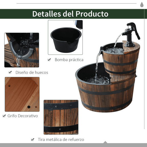 Outsunny Fonte de Água em Madeira Fonte de Jardim em Cascata de 2 Níveis com Bomba Elétrica e Saída de Água Ajustável para Decoração de Pátio ou Terraço Ø44,5x58,5 cm Madeira