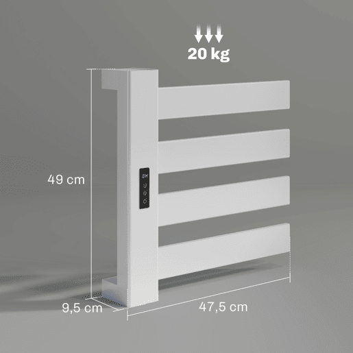 HOMCOM Toalheiro Elétrico de Parede 130W Toalheiro Elétrico em Liga de Alumínio com Control WIFI Ecrã Tátil Temporizador 4 Barras Temperatura Ajustável Baixo Consumo IPX4 47,5x9,5x49 cm Branco