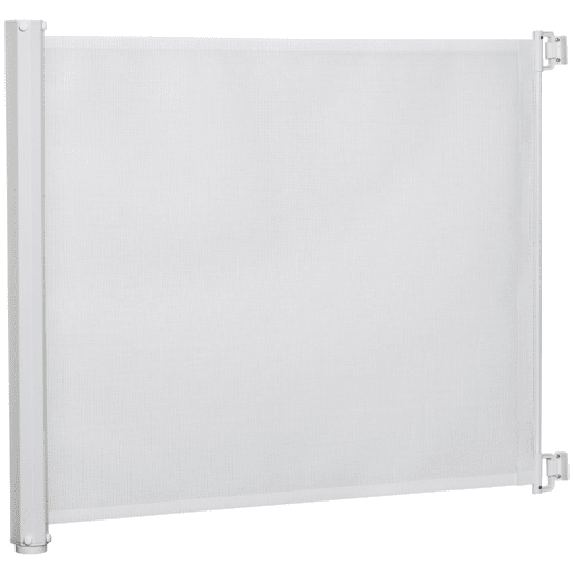PawHut Barrera para Cães Retrátil Porta para Cães Dobrável com Largura Ajustável 5,5-115 cm Barrera de Segurança para Cães com Função de Enrolamento Automático e Pega para Escadas e Portas Branco