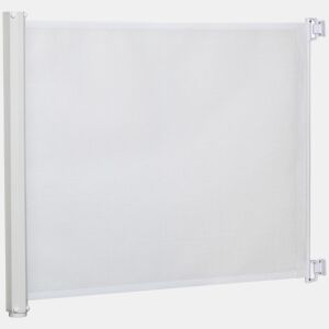PawHut Barrera para Cães Retrátil Porta para Cães Dobrável com Largura Ajustável 5,5-115 cm Barrera de Segurança para Cães com Função de Enrolamento Automático e Pega para Escadas e Portas Branco