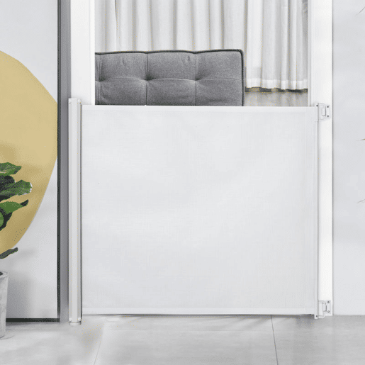 PawHut Barrera para Cães Retrátil Porta para Cães Dobrável com Largura Ajustável 5,5-115 cm Barrera de Segurança para Cães com Função de Enrolamento Automático e Pega para Escadas e Portas Branco
