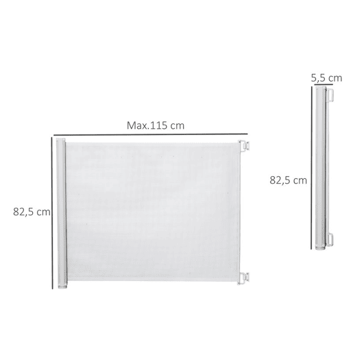 PawHut Barrera para Cães Retrátil Porta para Cães Dobrável com Largura Ajustável 5,5-115 cm Barrera de Segurança para Cães com Função de Enrolamento Automático e Pega para Escadas e Portas Branco