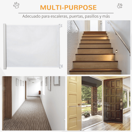 PawHut Barrera para Cães Retrátil Porta para Cães Dobrável com Largura Ajustável 5,5-115 cm Barrera de Segurança para Cães com Função de Enrolamento Automático e Pega para Escadas e Portas Branco