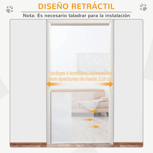 PawHut Barrera para Cães Retrátil Porta para Cães Dobrável com Largura Ajustável 5,5-115 cm Barrera de Segurança para Cães com Função de Enrolamento Automático e Pega para Escadas e Portas Branco