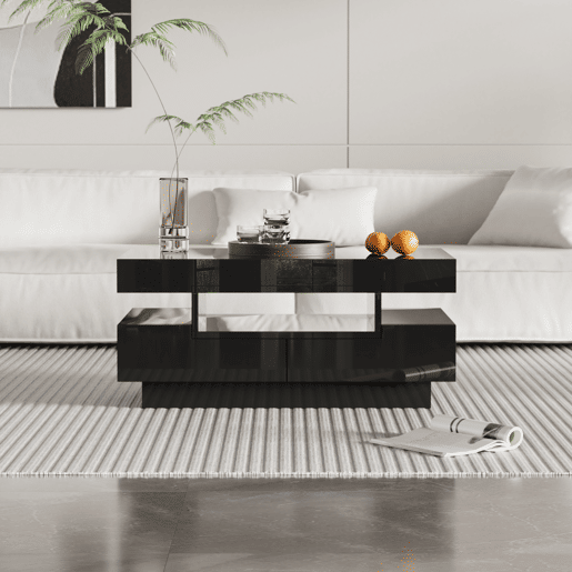Mesa de centro retangular de painel de partículas com 4 gavetas e luz led,preto