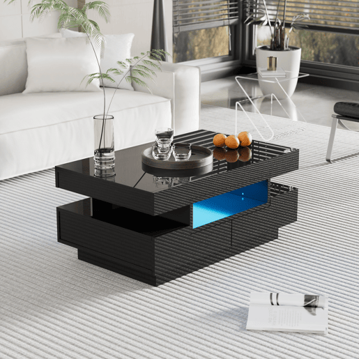 Mesa de centro retangular de painel de partículas com 4 gavetas e luz led,preto