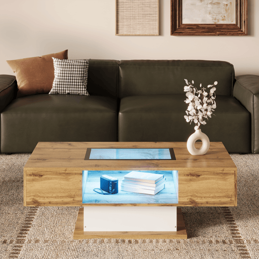 Mesa de centro retangular de painel de partículas com 2 gavetas e luz led,natural