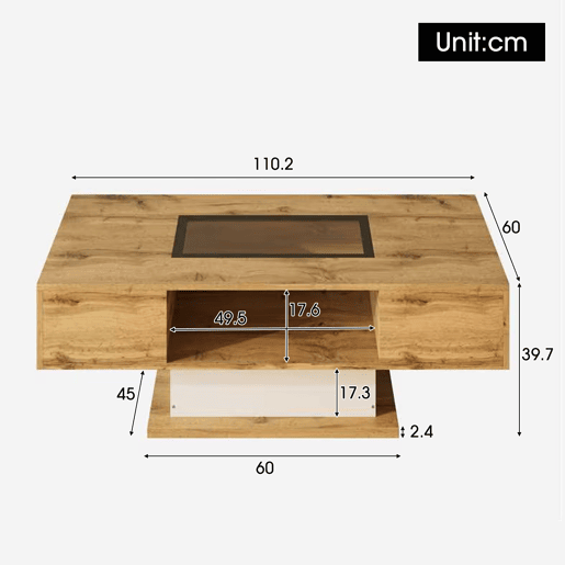 Mesa de centro retangular de painel de partículas com 2 gavetas e luz led,natural