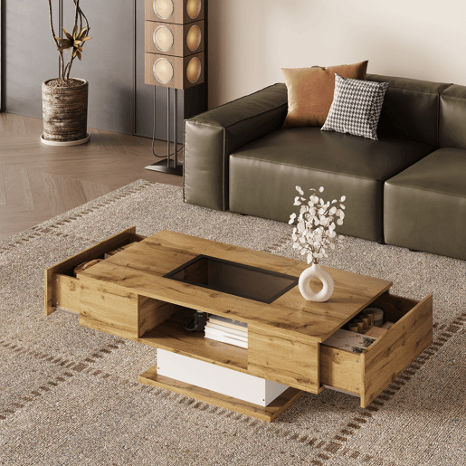 Mesa de centro retangular de painel de partículas com 2 gavetas e luz led,natural