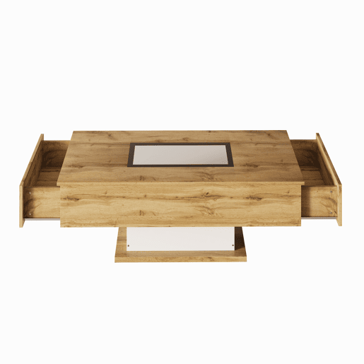 Mesa de centro retangular de painel de partículas com 2 gavetas e luz led,natural