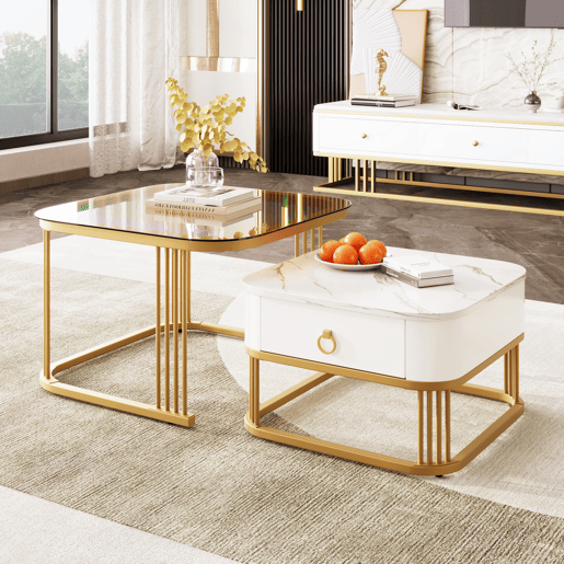 Conjunto de 2 mesas de centro quadradas de MDF com 1 gaveta,branco+dourado