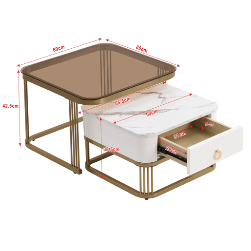 Conjunto de 2 mesas de centro quadradas de MDF com 1 gaveta,branco+dourado