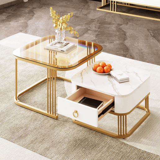 Conjunto de 2 mesas de centro quadradas de MDF com 1 gaveta,branco+dourado