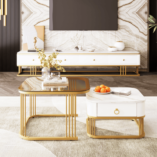 Conjunto de 2 mesas de centro quadradas de MDF com 1 gaveta,branco+dourado