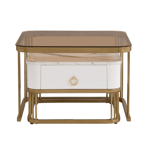 Conjunto de 2 mesas de centro quadradas de MDF com 1 gaveta,branco+dourado