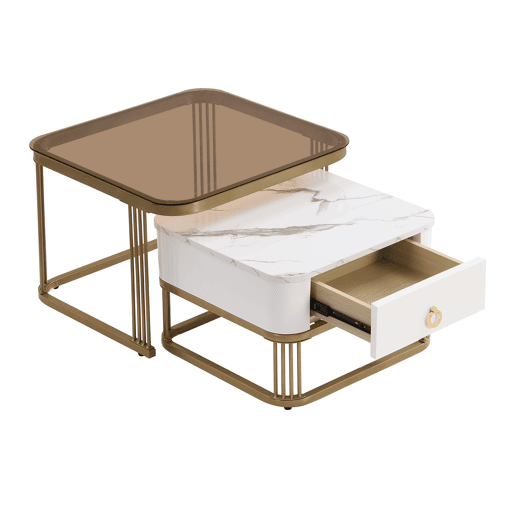Conjunto de 2 mesas de centro quadradas de MDF com 1 gaveta,branco+dourado