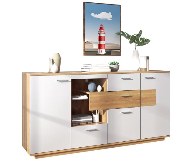 Aparador de mdf con 2 puertas,4 cajones y luz led,blanco+natural