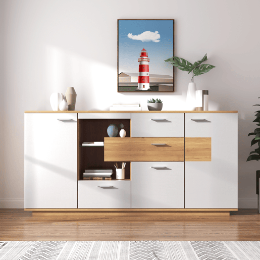 Aparador de mdf com 2 portas,4 gavetas e luz led,branco+natural