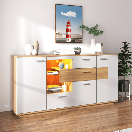 Aparador de mdf com 2 portas,4 gavetas e luz led,branco+natural