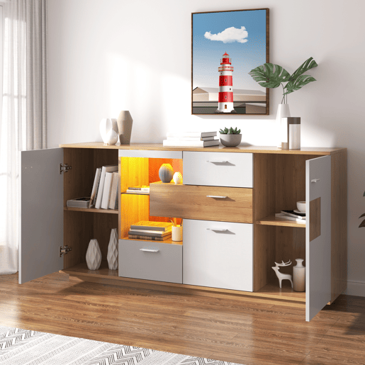 Aparador de mdf com 2 portas,4 gavetas e luz led,branco+natural