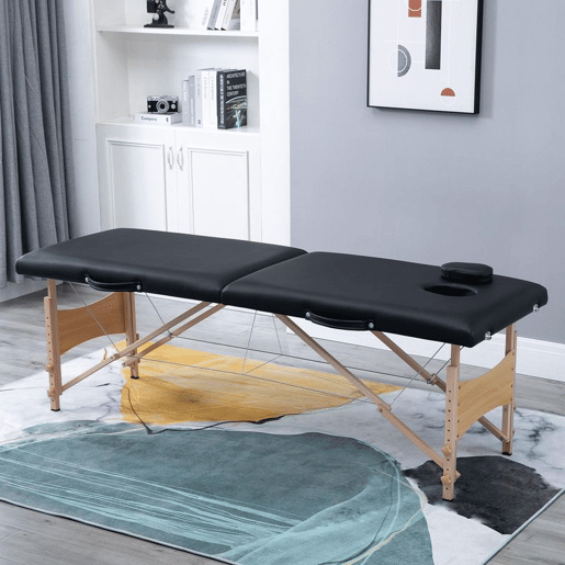 HOMCOM Marquesa de Massagem Dobrável Mesa de Massagem Portátil com Apoio para a Cabeça Estrutura de Madeira Altura Ajustável e Bolsa de Transporte 186x60x58-81 cm Preto