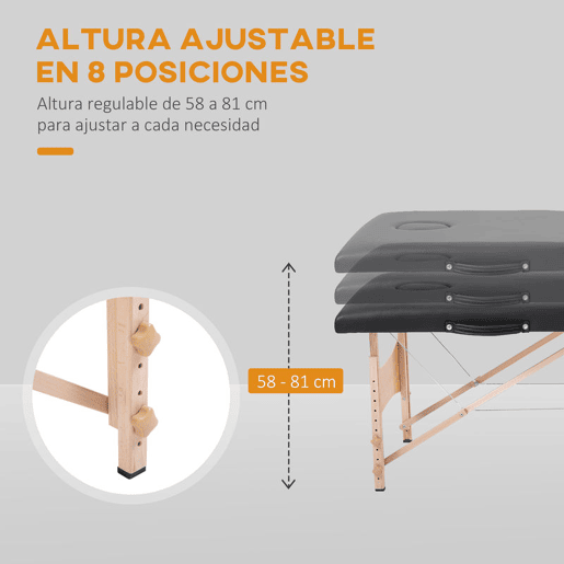 HOMCOM Marquesa de Massagem Dobrável Mesa de Massagem Portátil com Apoio para a Cabeça Estrutura de Madeira Altura Ajustável e Bolsa de Transporte 186x60x58-81 cm Preto