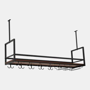Garrafeira com suporte para copos Borejle metal 120x30x65cm PretoNogueira en.casa