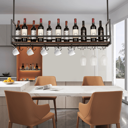 Garrafeira com suporte para copos Borejle metal 120x30x65cm PretoNogueira en.casa