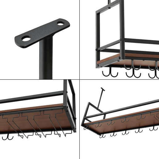 Garrafeira com suporte para copos Borejle metal 120x30x65cm PretoNogueira en.casa