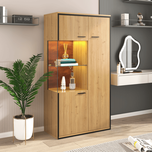 Vitrine de mdf com 3 portas e luz led,natural