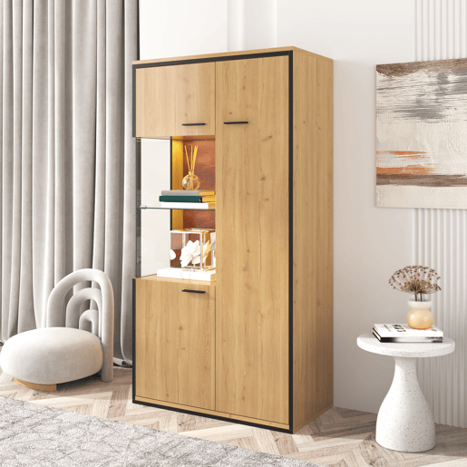 Vitrine de mdf com 3 portas e luz led,natural