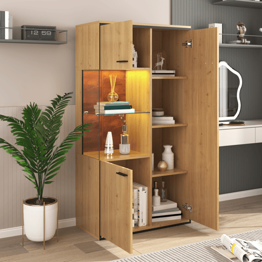 Vitrine de mdf com 3 portas e luz led,natural