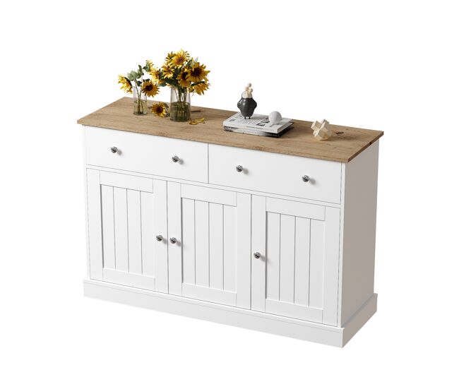 Aparador de panel de partículas con 3 puertas y 2 cajones,blanco+natural