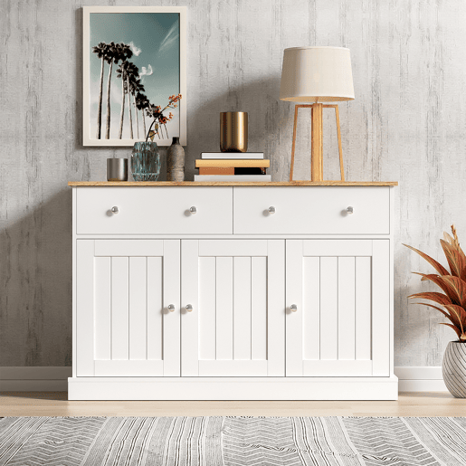 Aparador de painel de partículas com 3 portas e 2 gavetas,branco+natural