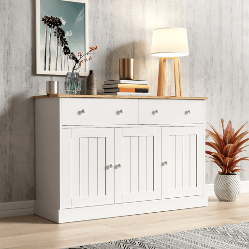 Aparador de painel de partículas com 3 portas e 2 gavetas,branco+natural
