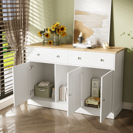Aparador de painel de partículas com 3 portas e 2 gavetas,branco+natural